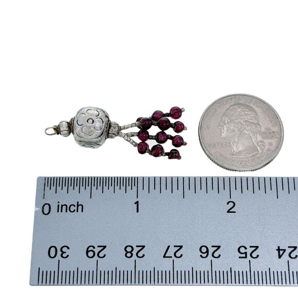 Vintage Silver Tone Garnet Beaded Tassel Pendant - Picture 4 of 5